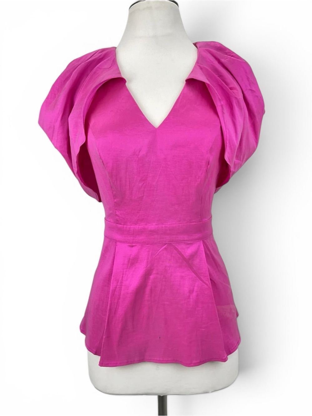 New York & Company Fuchsia Pink Puff-Sleeve Peplum Top - Picture 3 of 11